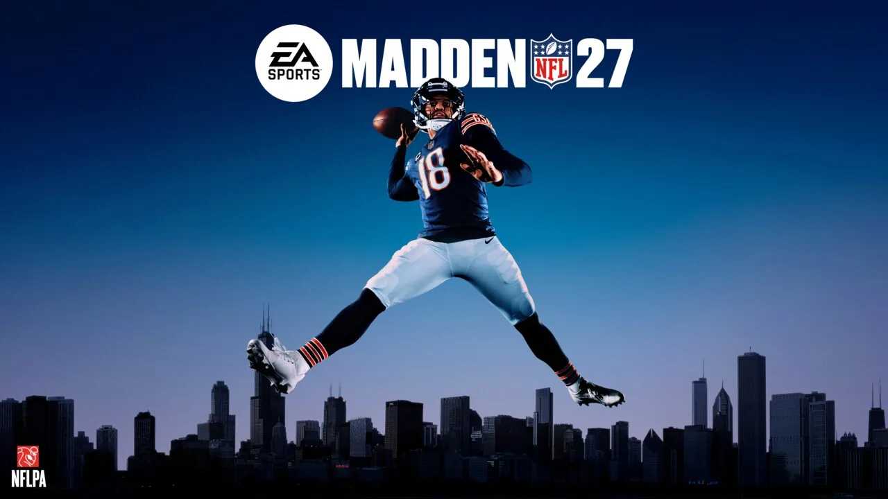 Official EA Madden NFL 27 key art showing a football player carrying the ball above a city skyline