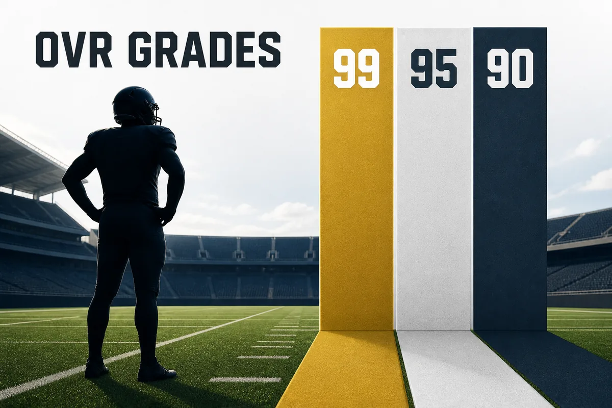Editorial illustration of OVR grades with a football player and 99, 95, and 90 rating bands