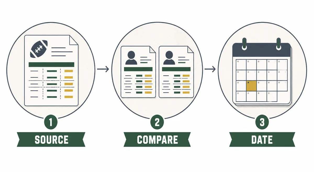 Editorial three-step flow showing source, compare, and date for verifying a Madden 27 rating