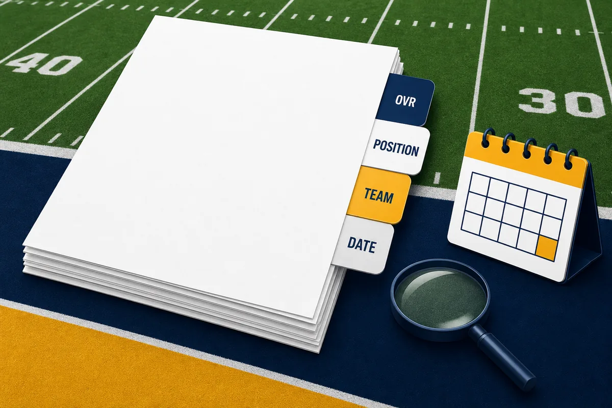 Editorial illustration showing OVR, position, team, and date as the fields used to scope a Madden 27 ratings sample