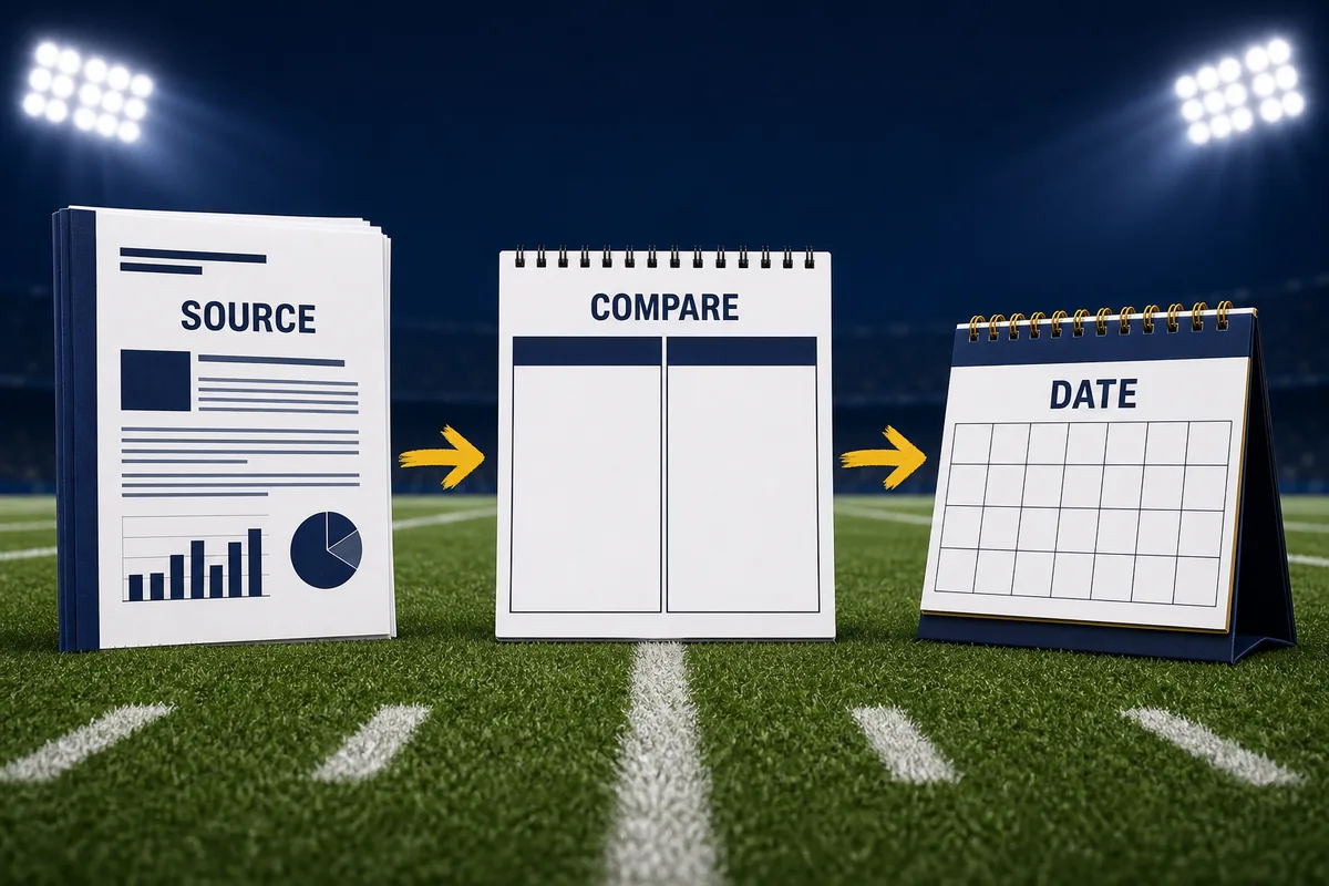 Editorial three-step illustration labeled source, compare, and date for checking a Madden 27 ratings update