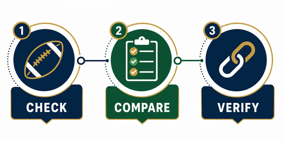 Editorial three-step flow for checking, comparing, and verifying Madden 27 ratings