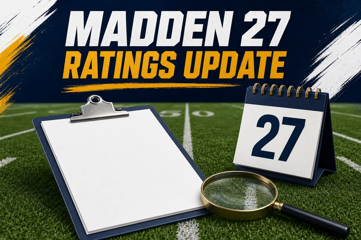 Editorial illustration of a Madden 27 ratings update guide with a blank checklist, calendar, and magnifying glass on a football field