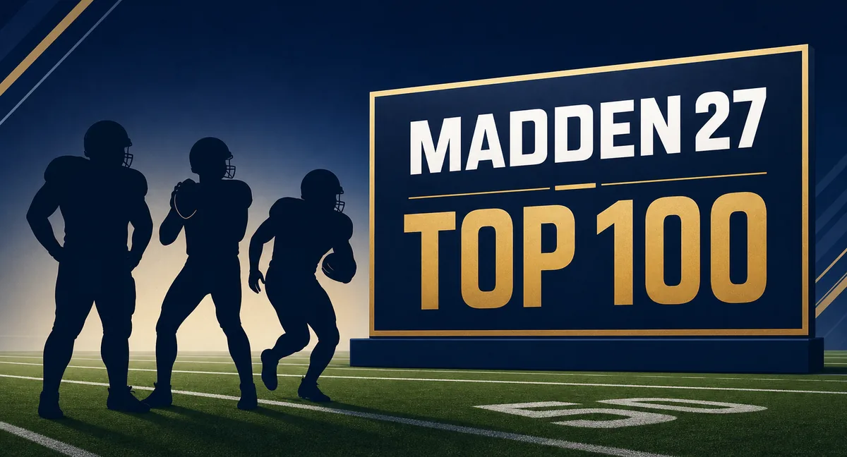 Editorial illustration of Madden 27 top 100 player ratings on a football field