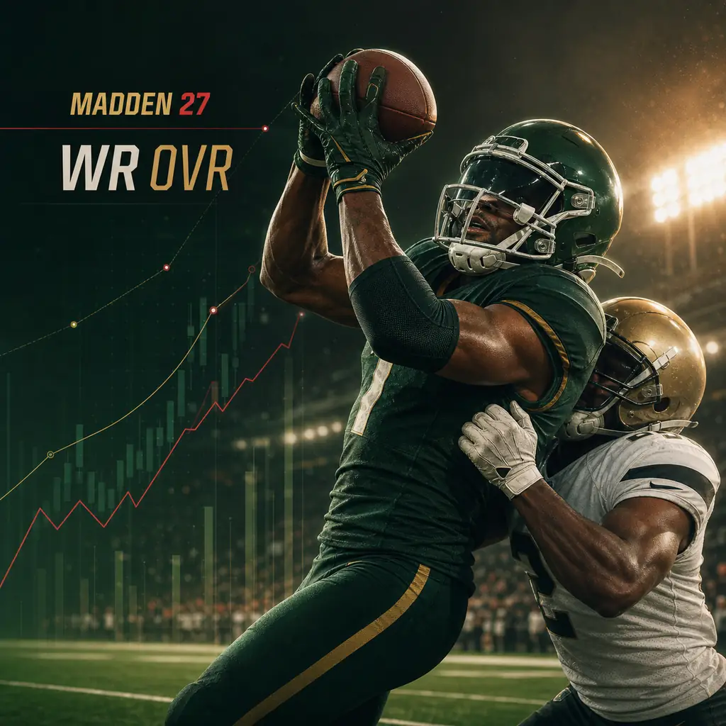 Editorial illustration of a generic wide receiver making a catch with WR OVR data graphics
