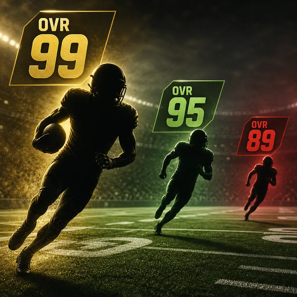 Editorial comparison graphic showing wide receiver OVR tiers at 99, 95, and 89